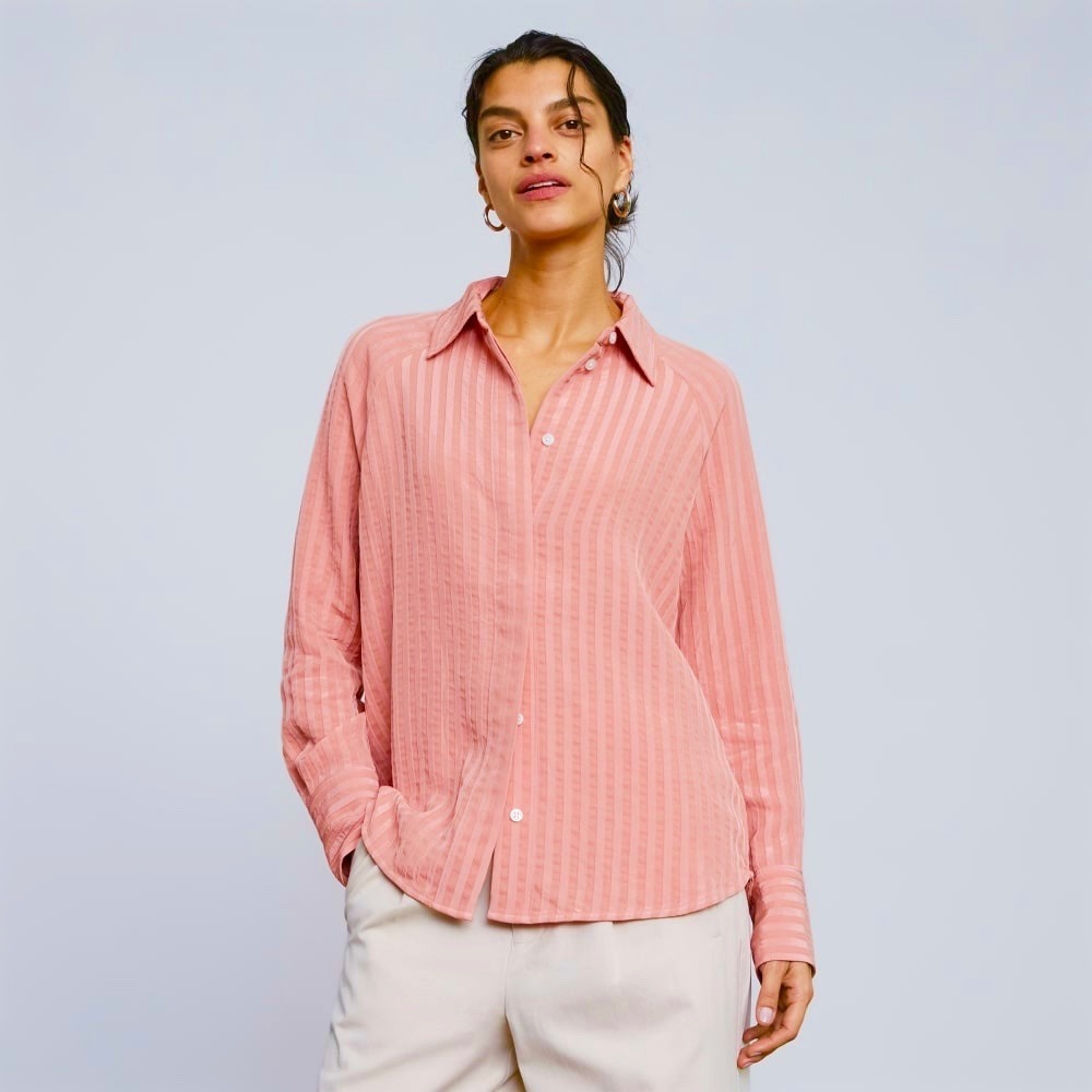 Everlane City Stripe Shirt Pink Tonal Stripe Button Down Raglan Sleeve Rose 10